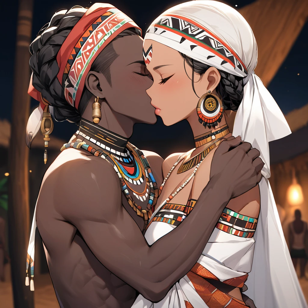 ((Highest quality)), ((masterpiece)), (detailed), (Perfect Face)、The woman is wearing the tribe's bridal attire, embracing the tribal man tightly, sharing a deep kiss, expressing their love for each other, and celebrating their wedding.、The woman has bright black skin、(Ghana braids with strong curly hair slicked back)、Black, dark skinned, African native tribal woman、The amount of hair is small、Black Hair、Very short curly hair、Ghana braid hair, finely and delicately braided into Ghana braids and slicked back、Her hair is braided and thin, and she wears a tribal headdress and a tribal headscarf.、African black woman beautifully dressed in tribal clothing, tribal earrings and tribal accessories, wearing tribal makeup、A beautiful tribal woman with tattoos all over her body、Women in tribal village night rituals、The woman's hair is dyed black by the other women in the village and styled like an African woman's.
