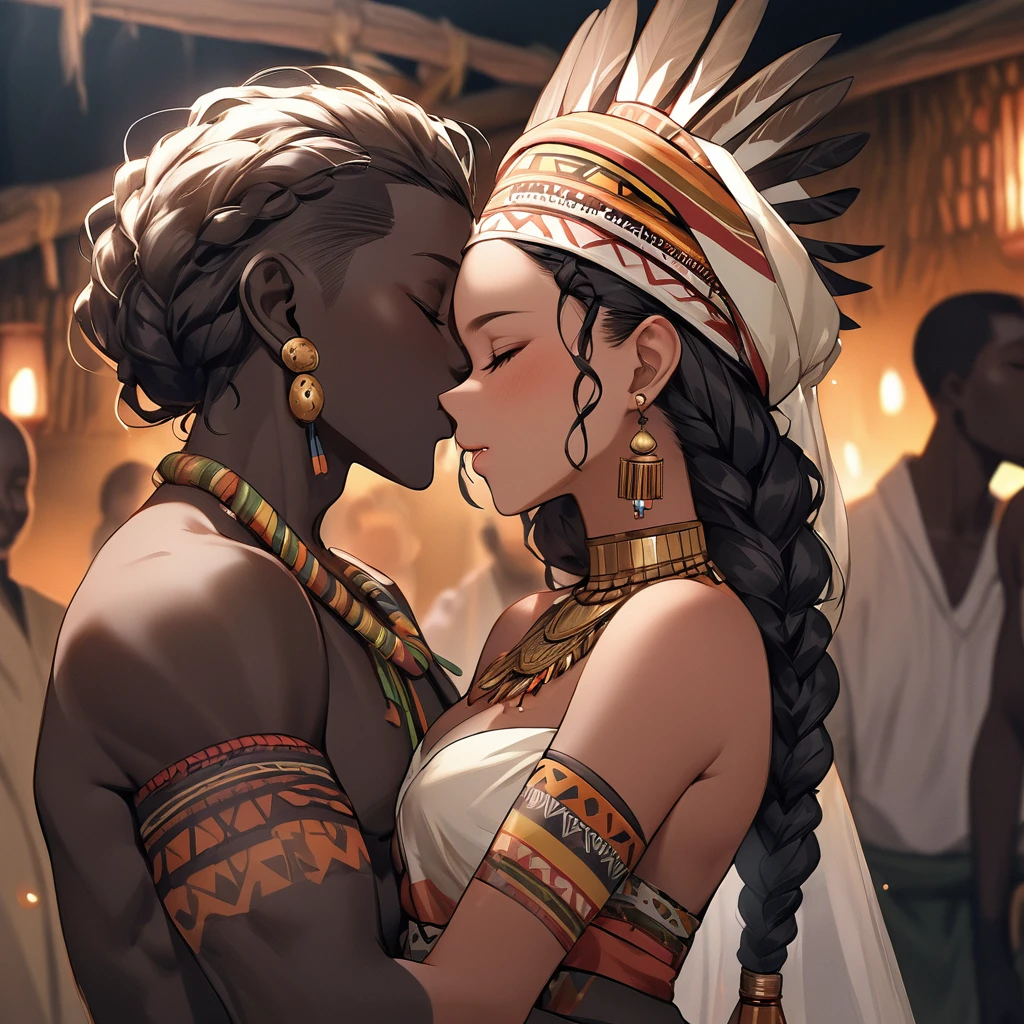 ((Highest quality)), ((masterpiece)), (detailed), （Perfect Face）、The woman is wearing the tribe's bridal attire, embracing the tribal man tightly, sharing a deep kiss, expressing their love for each other, and celebrating their wedding.、The woman has bright black skin、（Ghana braids with strong curly hair slicked back）、Black, dark skinned, African native tribal woman、The amount of hair is small、Black Hair、Very short curly hair、Ghana braid hair, finely and delicately braided into Ghana braids and slicked back、Her hair is braided and thin, and she wears a tribal headdress and a tribal headscarf.、African black woman beautifully dressed in tribal clothing, tribal earrings and tribal accessories, wearing tribal makeup、A beautiful tribal woman with tattoos all over her body、Women in tribal village night rituals、The woman&#39;s hair is dyed black by the other women in the village and styled like an African woman&#39;s.