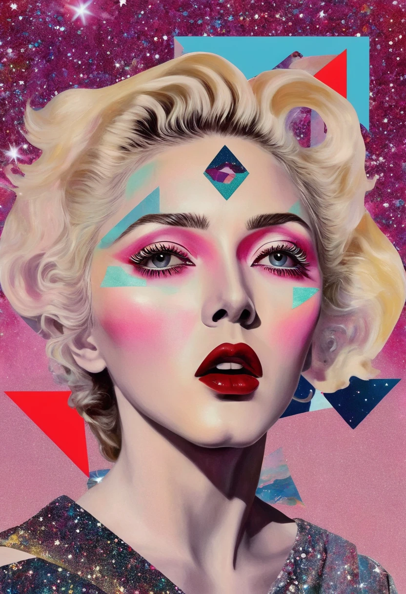 Madonna themed, Surreal and strange dislocation art：Collage，There are many different things on the faces，spaceship，vibrant sensual colors, Geometric Dislocation，Collage,Hollow，Artistic sense，Painting，paint，Simple, Madonna singer glitter