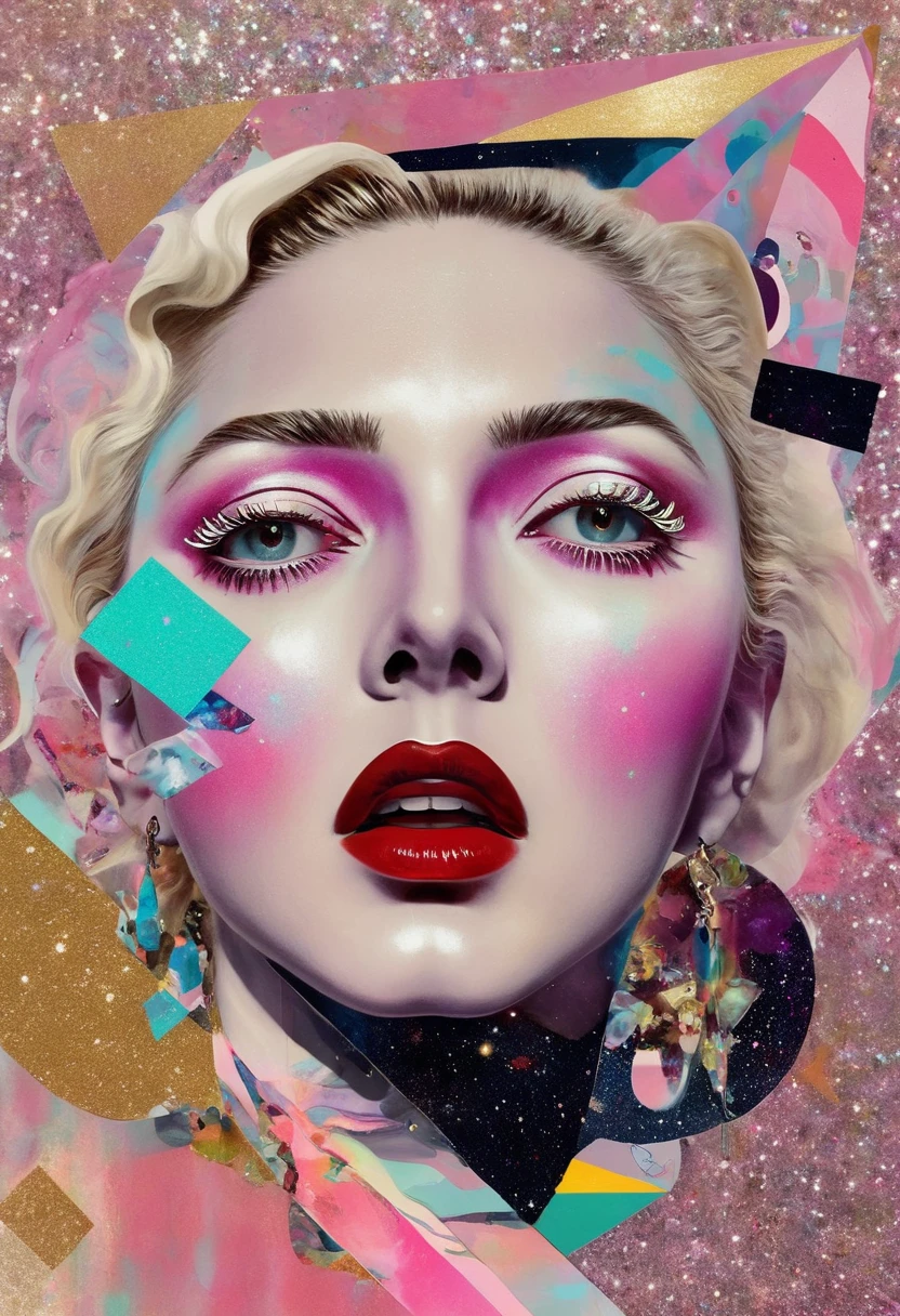 Madonna themed, Surreal and strange dislocation art：Collage，There are many different things on the faces，spaceship，vibrant sensual colors, Geometric Dislocation，Collage,Hollow，Artistic sense，Painting，paint，Simple, Madonna singer glitter