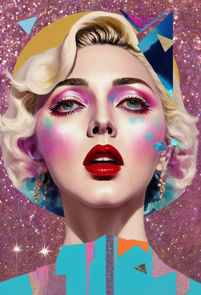 Madonna themed, Surreal and strange dislocation art：Collage，There are many different things on the faces，spaceship，vibrant sensual colors, Geometric Dislocation，Collage,Hollow，Artistic sense，Painting，paint，Simple, Madonna singer glitter