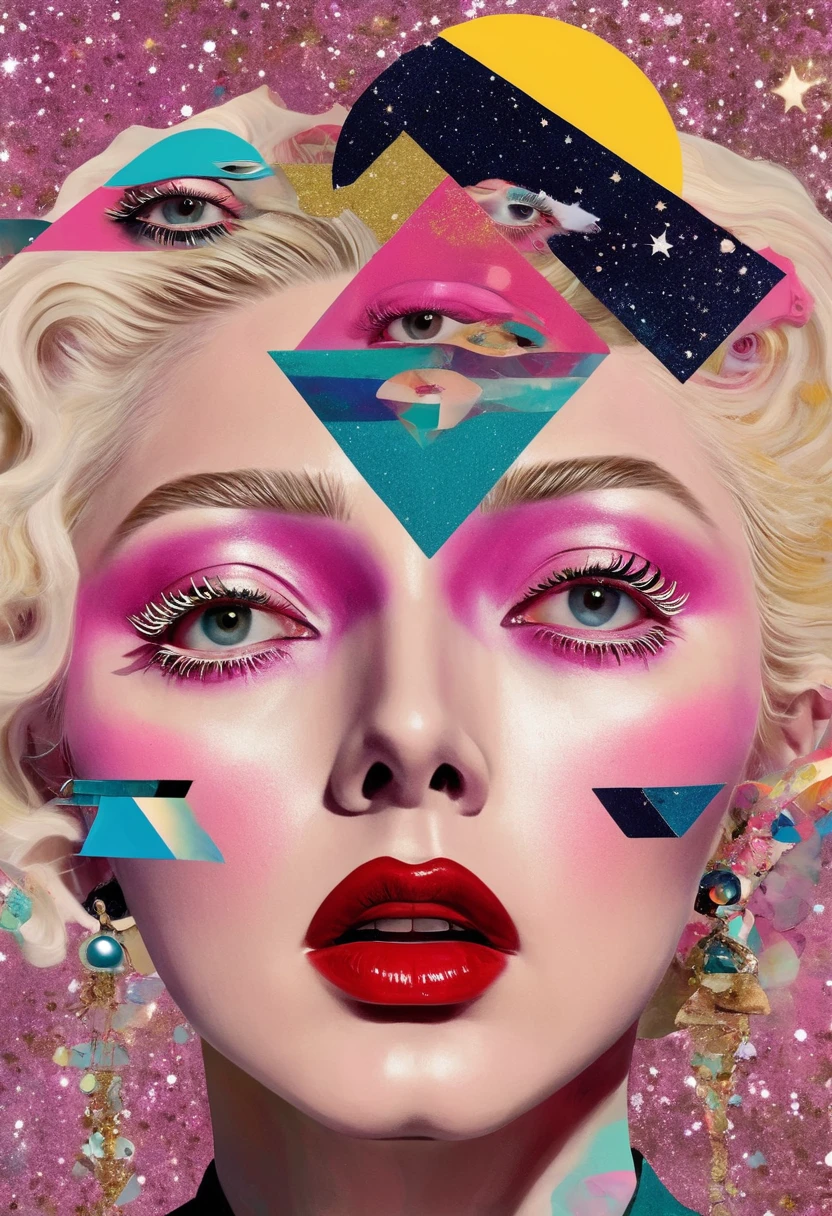 Madonna themed, Surreal and strange dislocation art：Collage，There are many different things on the faces，spaceship，vibrant sensual colors, Geometric Dislocation，Collage,Hollow，Artistic sense，Painting，paint，Simple, Madonna singer glitter