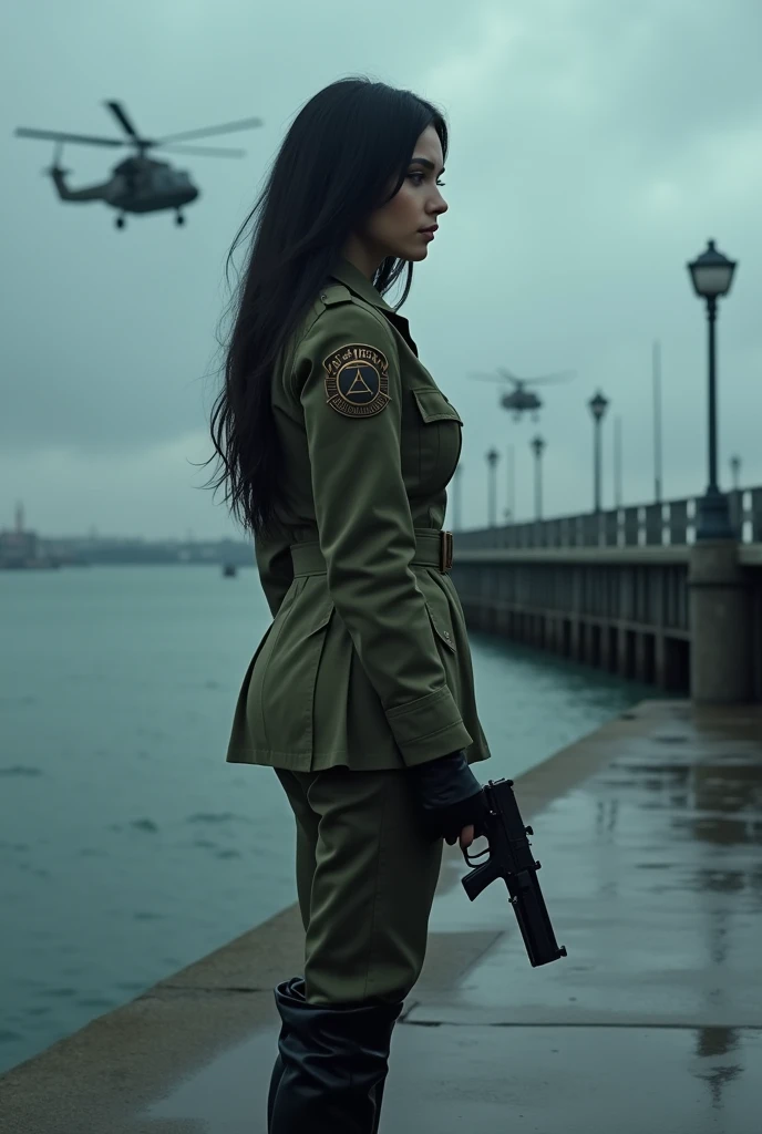 A 30-year-old woman with long black hair wearing military uniform.,Boots， trousers，high-heel boots，full-body shot，side，War Background，seaside，Iron bridge, Helicopters，Dark clouds sky，Science Fiction, dark的心情, full-body shot片，War atmosphere，Excellent detail，full-body shot片，Film Style，Soviet era，dark，Depressing atmosphere，In the wind and rain，Holding a pistol