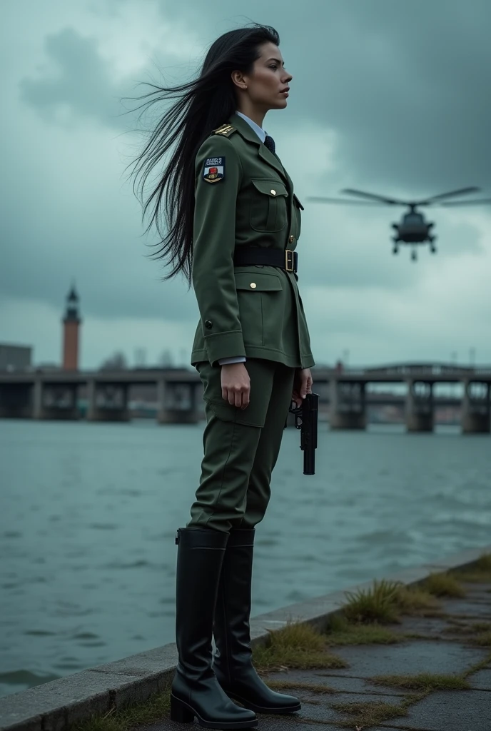 A 30-year-old woman with long black hair wearing military uniform.,Boots, trousers,high-heel boots,full-body shot,side,War Background,seaside,Iron bridge, Helicopters,Dark clouds sky,Science Fiction, dark的心情, full-body shot片,War atmosphere,Excellent detail,full-body shot片,Film Style,Soviet era,dark,Depressing atmosphere,In the wind and rain,Holding a pistol