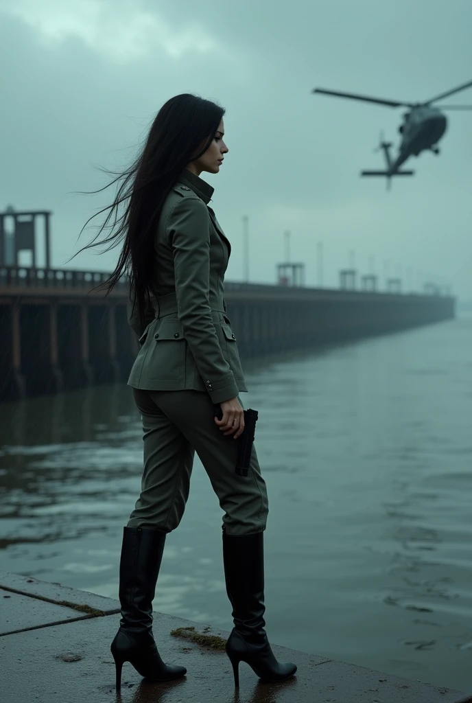 A 30-year-old woman with long black hair wearing military uniform.,Boots， trousers，high-heel boots，full-body shot，side，War Background，seaside，Iron bridge, Helicopters，Dark clouds sky，Science Fiction, dark的心情, full-body shot片，War atmosphere，Excellent detail，full-body shot片，Film Style，Soviet era，dark，Depressing atmosphere，In the wind and rain，Holding a pistol