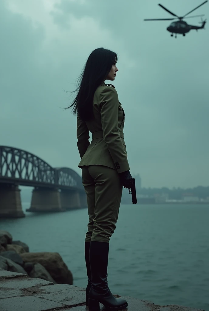 A 30-year-old woman with long black hair wearing military uniform.,Boots, trousers,high-heel boots,full-body shot,side,War Background,seaside,Iron bridge, Helicopters,Dark clouds sky,Science Fiction, dark的心情, full-body shot片,War atmosphere,Excellent detail,full-body shot片,Film Style,Soviet era,dark,Depressing atmosphere,In the wind and rain,Holding a pistol