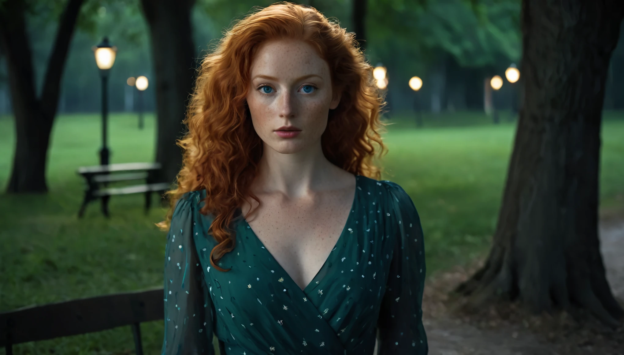 Realistic portrait of a beautiful adult woman with a mysterious look, with herself as the main subject, with natural light red hair, long and slightly curly, bright green eyes, fair skin with some freckles on her face. She is dressed in a beautiful, sophisticated dress, looking at the camera in an outdoor, nocturnal setting, suggesting a beautiful, dimly lit square with trees, grass and benches. The artificial side lighting is warm and highlights the woman's face and eyes, creating soft shadows and reinforcing the mysterious tone of the scene. The background is blurred with a bokeh effect of points of light suggesting street lamps. High-resolution professional photography with extreme detail.