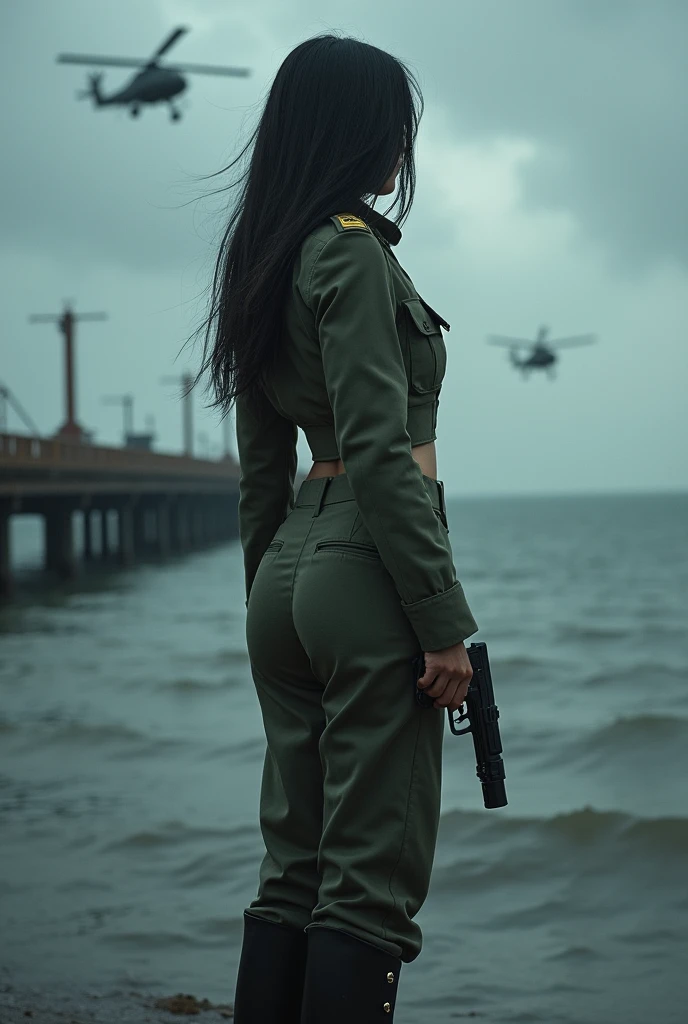 A 30-year-old woman with long black hair wearing military uniform.,Boots, trousers,high-heel boots,full-body shot,side,War Background,seaside,Iron bridge, Helicopters,Dark clouds sky,Science Fiction, dark的心情, full-body shot片,War atmosphere,Excellent detail,full-body shot片,Film Style,Soviet era,dark,Depressing atmosphere,In the wind and rain,Holding a pistol