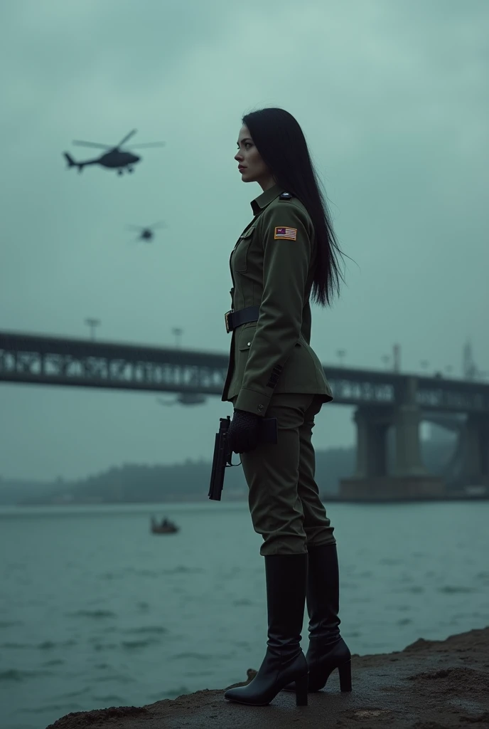 A 30-year-old woman with long black hair wearing military uniform.,Boots, trousers,high-heel boots,full-body shot,side,War Background,seaside,Iron bridge, Helicopters,Dark clouds sky,Science Fiction, dark的心情, full-body shot片,War atmosphere,Excellent detail,full-body shot片,Film Style,Soviet era,dark,Depressing atmosphere,In the wind and rain,Holding a pistol