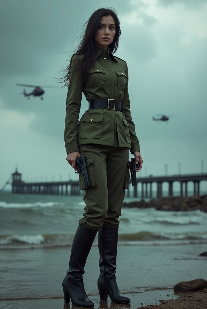 A 30-year-old woman with long black hair wearing military uniform.,Boots, trousers,high-heel boots,full-body shot,side,War Background,seaside,Iron bridge, Helicopters,Dark clouds sky,Science Fiction, dark的心情, full-body shot片,War atmosphere,Excellent detail,full-body shot片,Film Style,Soviet era,dark,Depressing atmosphere,In the wind and rain,Holding a pistol