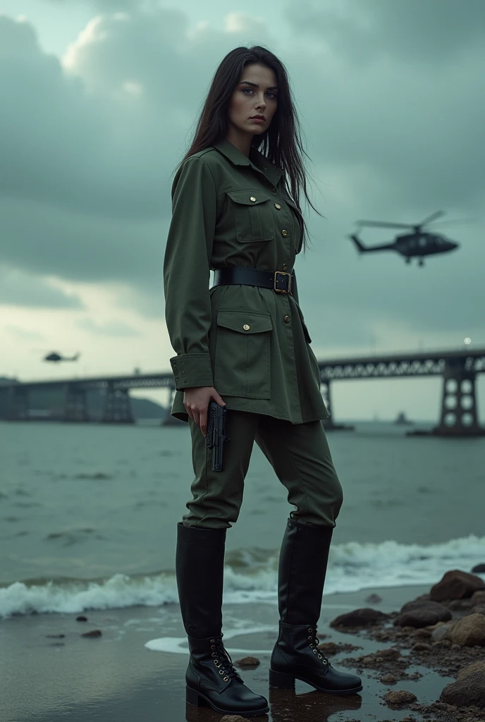 A 30-year-old woman with long black hair wearing military uniform.,Boots, trousers,high-heel boots,full-body shot,side,War Background,seaside,Iron bridge, Helicopters,Dark clouds sky,Science Fiction, dark的心情, full-body shot片,War atmosphere,Excellent detail,full-body shot片,Film Style,Soviet era,dark,Depressing atmosphere,In the wind and rain,Holding a pistol