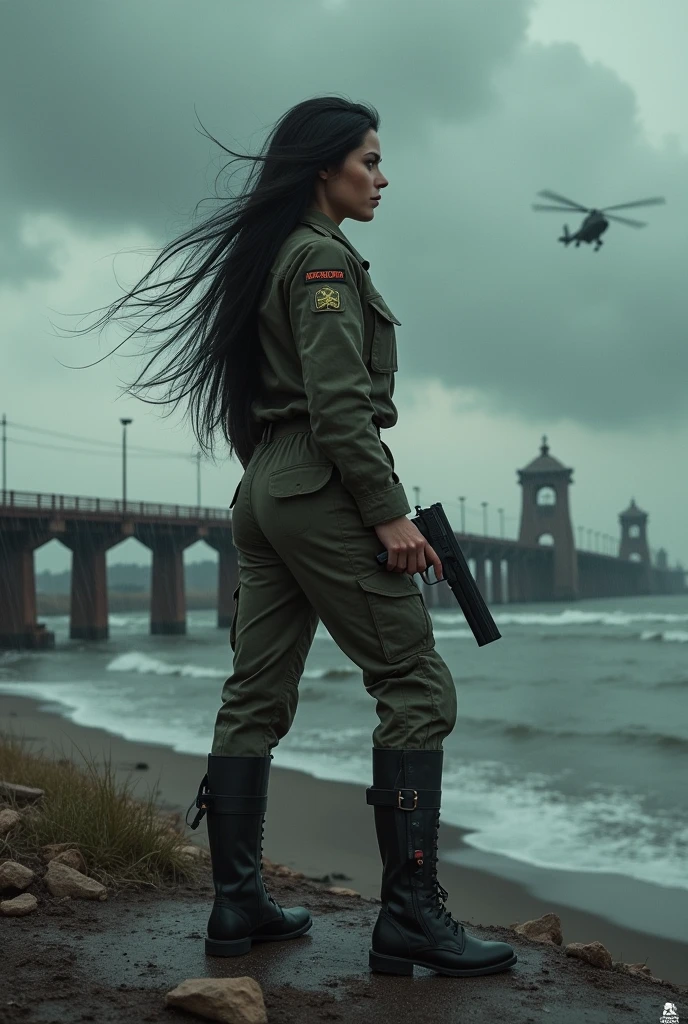 A 30-year-old woman with long black hair wearing military uniform.,Boots, trousers,high-heel boots,full-body shot,side,War Background,seaside,Iron bridge, Helicopters,Dark clouds sky,Science Fiction, dark的心情, full-body shot片,War atmosphere,Excellent detail,full-body shot片,Film Style,Soviet era,dark,Depressing atmosphere,In the wind and rain,Holding a pistol