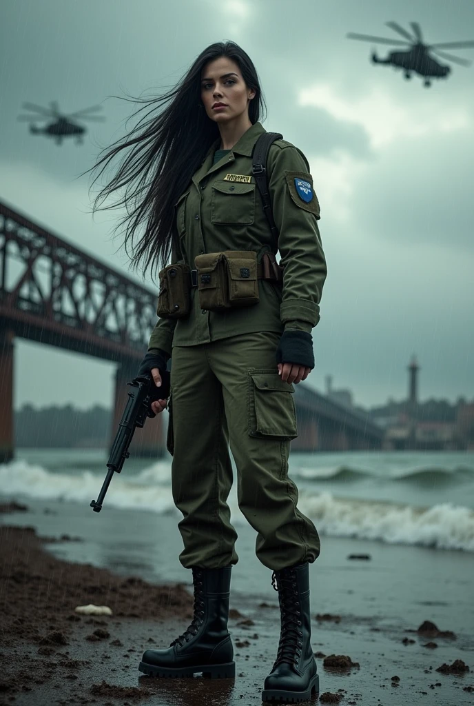 A 30-year-old woman with long black hair wearing military uniform.,Boots, trousers,high-heel boots,full-body shot,side,War Background,seaside,Iron bridge, Helicopters,Dark clouds sky,Science Fiction, dark的心情, full-body shot片,War atmosphere,Excellent detail,full-body shot片,Film Style,Soviet era,dark,Depressing atmosphere,In the wind and rain,Holding a pistol