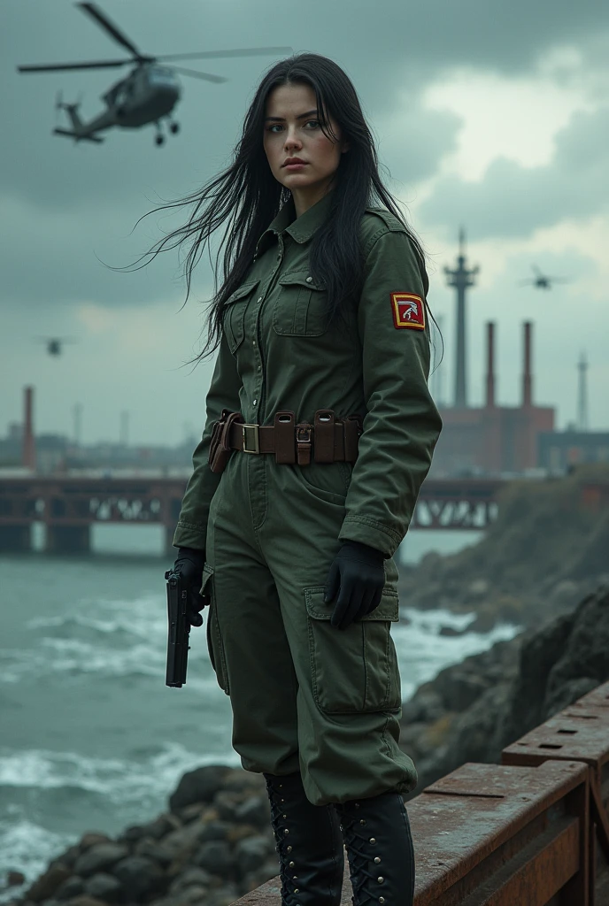 A 30-year-old woman with long black hair wearing military uniform.,Boots, trousers,high-heel boots,full-body shot,side,War Background,seaside,Iron bridge, Helicopters,Dark clouds sky,Science Fiction, dark的心情, full-body shot片,War atmosphere,Excellent detail,full-body shot片,Film Style,Soviet era,dark,Depressing atmosphere,In the wind and rain,Holding a pistol