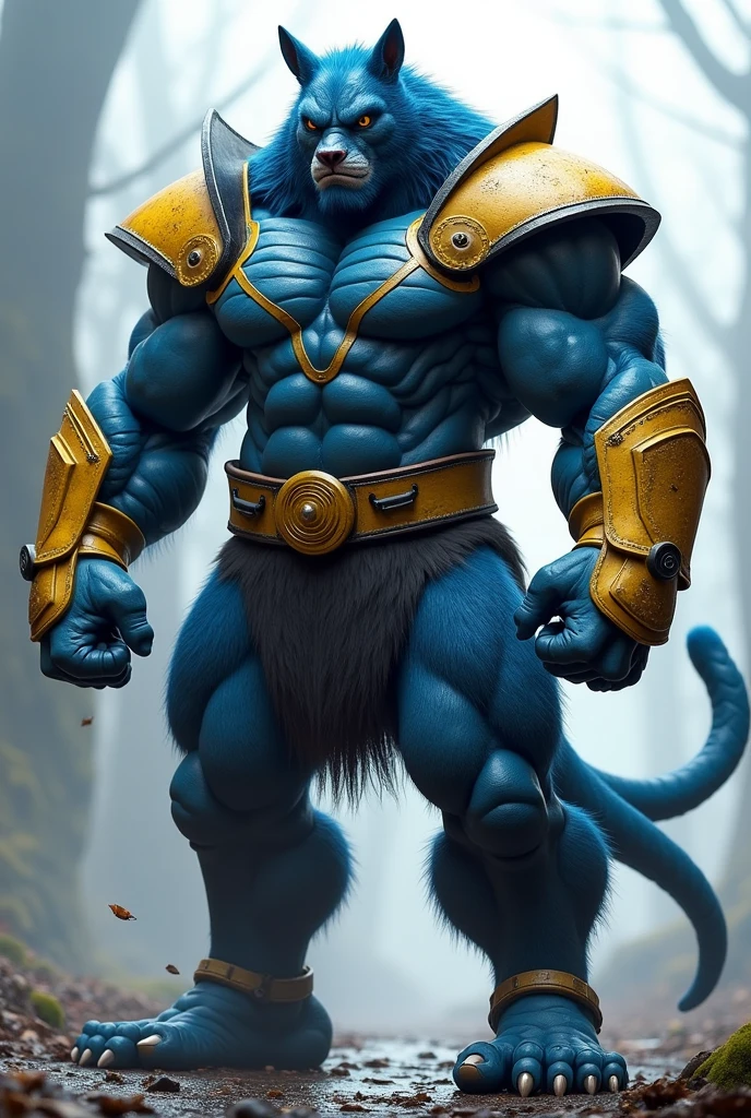 A realistic image of the X-Men Beast, super giant, super muscular, with muscular arms, broadshouldered, giant toned physique, blue colored eyes, one tail, super furry blue fur, blue fur, wearing glasses, wearing yellow and black medieval armor, with veins bulging, barefoot, seen in profile  wargreymon   big muscle (pecs, triceps, traps) unusually developed muscular body, body full of huge muscles. showing off muscles, hyper penis (black color)