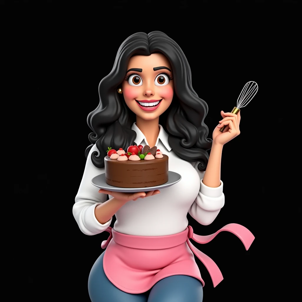 Cartoon character of a stylish woman in a pink apron, happy, black wavy hair, brown aligned eyes, big flat nose, in the left hand is holding a whip and in the right hand is holding a large cake, an animated character, stylized character, animation style rendering, 3d stylized, Arnold Maya rendering, Stylized 3D rendering, toon render screenshot, 3d character, 3d character, Stylized 3D rendering, 3D character rendering, cartoon character, Personagem de close up, character posing, (Pixar-style) (master part:1.2) (bokeh) (best qualityer) (skin detailed) (detailed texture) (8k) (Argilla) (cinematic lighting) (sharp focus，Sit down and lift your upper body