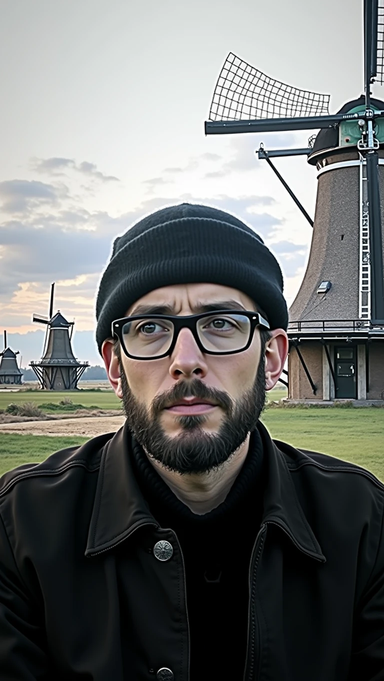 Realistic photo of a man with glasses wearing a black jacket and black beanie , Sitting on a bench with a view of the countryside and Dutch windmills, and the sunset