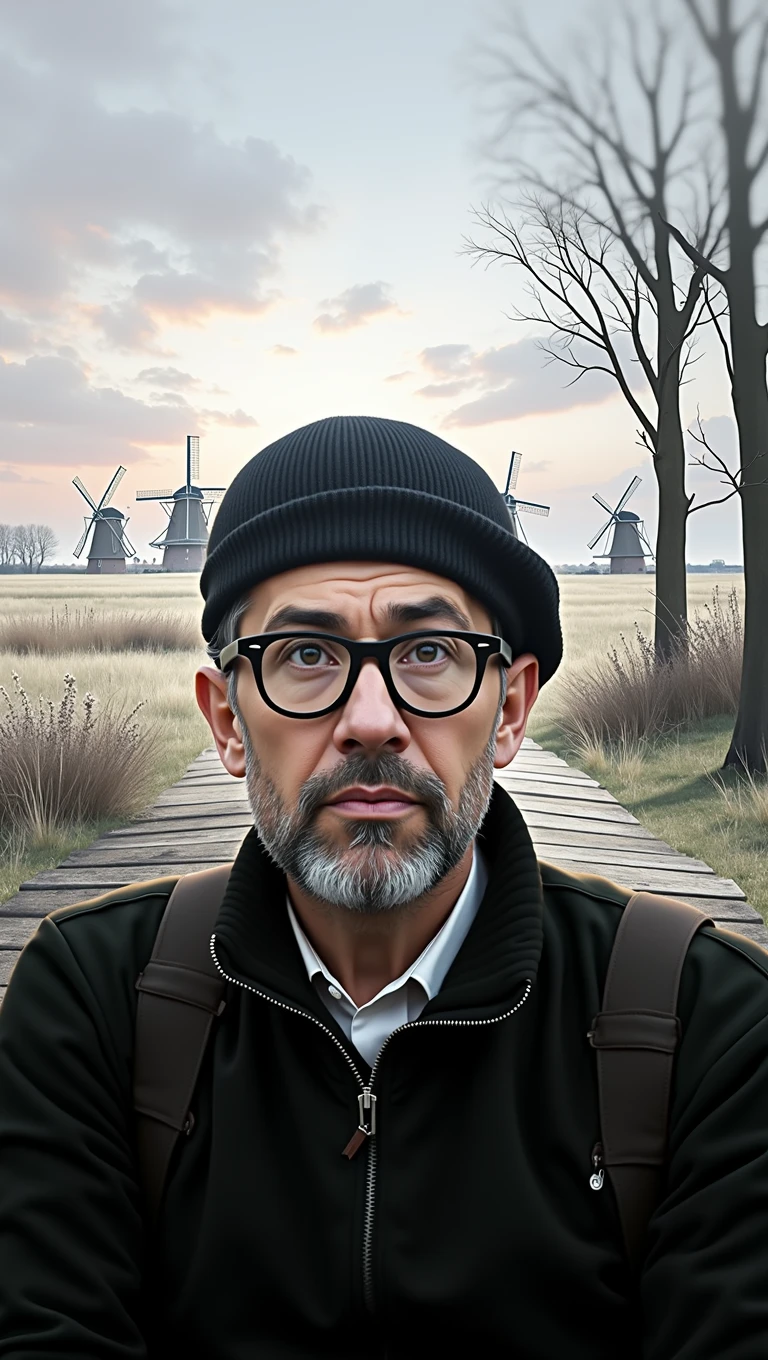 Realistic photo of a man with glasses wearing a black jacket and black beanie , Sitting on a bench with a view of the countryside and Dutch windmills, and the sunset