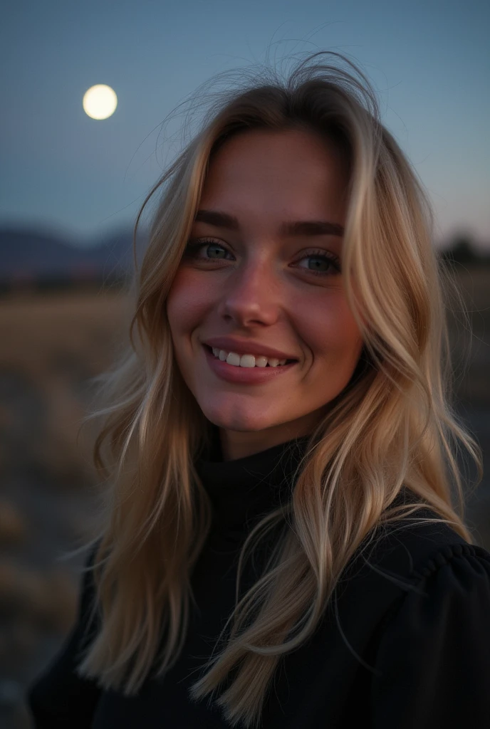 1 femme, russe,belle,blonde ((selfie du haut du corps, heureux)), , meilleure qualité, ultra-détaillé, Seulement, extérieurs, (la nuit), montagnes, nature, (Étoile, la lune) joyeux, heureux,,style analogique (regardant le spectateur:1.2) (Texture de la peau) (grain de film:1.3), (teinte chaude, ton chaud:1.2), Fermer, Lumière cinématographique, éclairage latéral, Les ultra-hautes résolutions, Meilleures ombres, ..BRUT, moitié supérieure du corps, porter un pull, Photos détendues et intimes, cheveux blonds, poitrine généreuse 