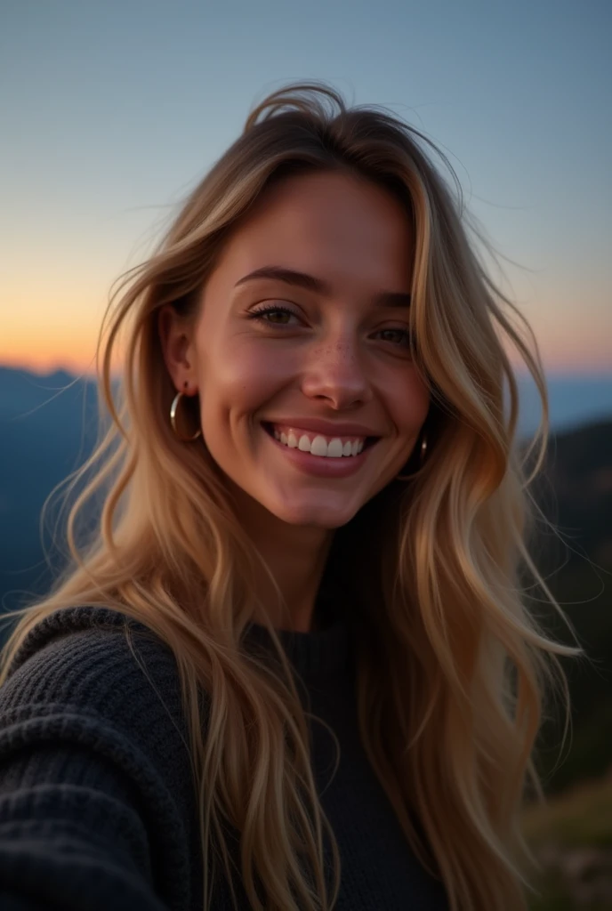 1 femme, russe,belle,blonde ((selfie du haut du corps, heureux)), , meilleure qualité, ultra-détaillé, Seulement, extérieurs, (la nuit), montagnes, nature, (Étoile, la lune) joyeux, heureux,,style analogique (regardant le spectateur:1.2) (Texture de la peau) (grain de film:1.3), (teinte chaude, ton chaud:1.2), Fermer, Lumière cinématographique, éclairage latéral, Les ultra-hautes résolutions, Meilleures ombres, ..BRUT, moitié supérieure du corps, porter un pull, Photos détendues et intimes, cheveux blonds, poitrine généreuse