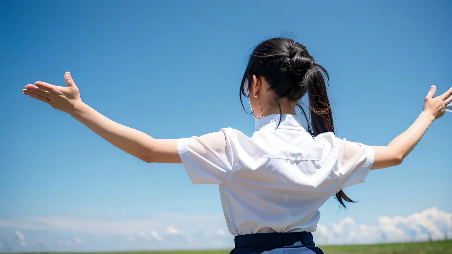 Image size 1500 x 500、A woman vigorously raising both arms diagonally against a horizontal blue sky1person
White cutter shirt and navy skirt
Back view、Back
Black hair ponytail
Ultra high definition
4K
Shot from behind
Grassland
Full body shot
Arms raised in the air