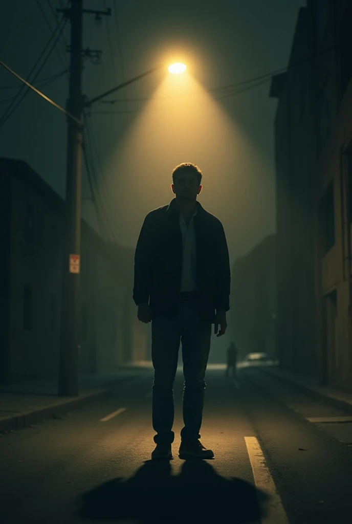 Alone man with shadow street light and fear in the face