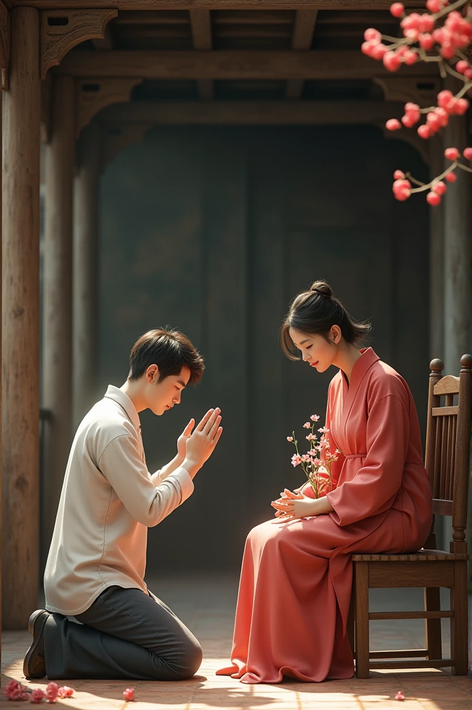 Picture of a young man bowing to his mother's feet, the mother sitting on a chair holding a pink jasmine flower, smiling with tears in her eyes, a realistic atmosphere, under the old wooden house
