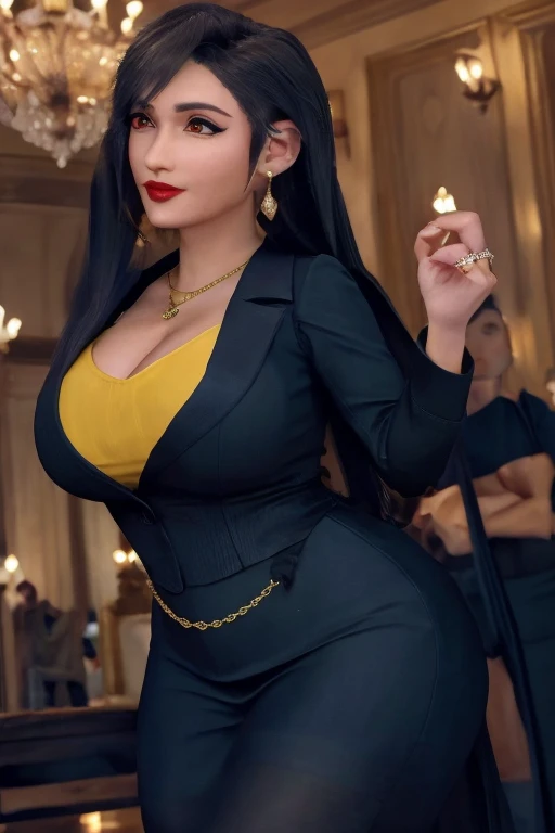 Tifa lockhart, implanted Big breast, long sleeve thin yellow  dress that show body curve with a cleavage,Game,1girl,Jewel ring,Gold chained round shape necklace,Hoopa earring,Bracelet,Red lips,(Dark blue eyeshadow),Big cleavage,hair bun,Beehive Bun style ,black hair,Look at us,Curvy,Unnatural big breast,Cleavage,black color long nail,Swaying hip,Head to waist view,eyes on us,Sculpted calves figure,Thick tights,Wide hips,very big cleavage,Enchanced big breast,((Diamond wedding ring)),Aristoticat ring, Detailed eyes,Busty,don corneo mansion,Madam tifa,View from front,dangerous cleavage,semi sweetheart cleavage,Solo,looking at you,Dignified expression