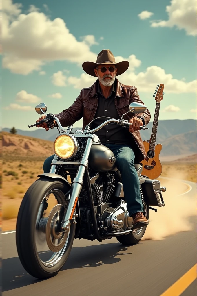 Man with a cowboy hat riding a motorcycle and carrying an electric guitar on his back 