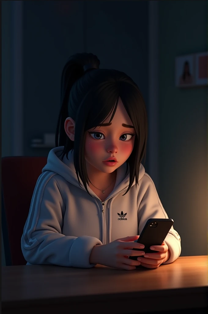 more animated characters, No realism , with the protagonist a bit chubby, dark hair white, an Adidas jacket *Scene 1:**
- **General plan**: Geraldo sitting in his room, The environment is dark., with a faint light illuminating Carlinha's photo ( your sister, woman with straight, dark brown hair and a delicate face, animated character) On the table.
- **Detailed Plan**: Phone on the table starts ringing, vibrating silently.(cell phone vibrates)
- **medium shot**: Geraldo answers the phone, with an expression of shock and confusion, looking at the cell phone screen that shows an unknown number.
--