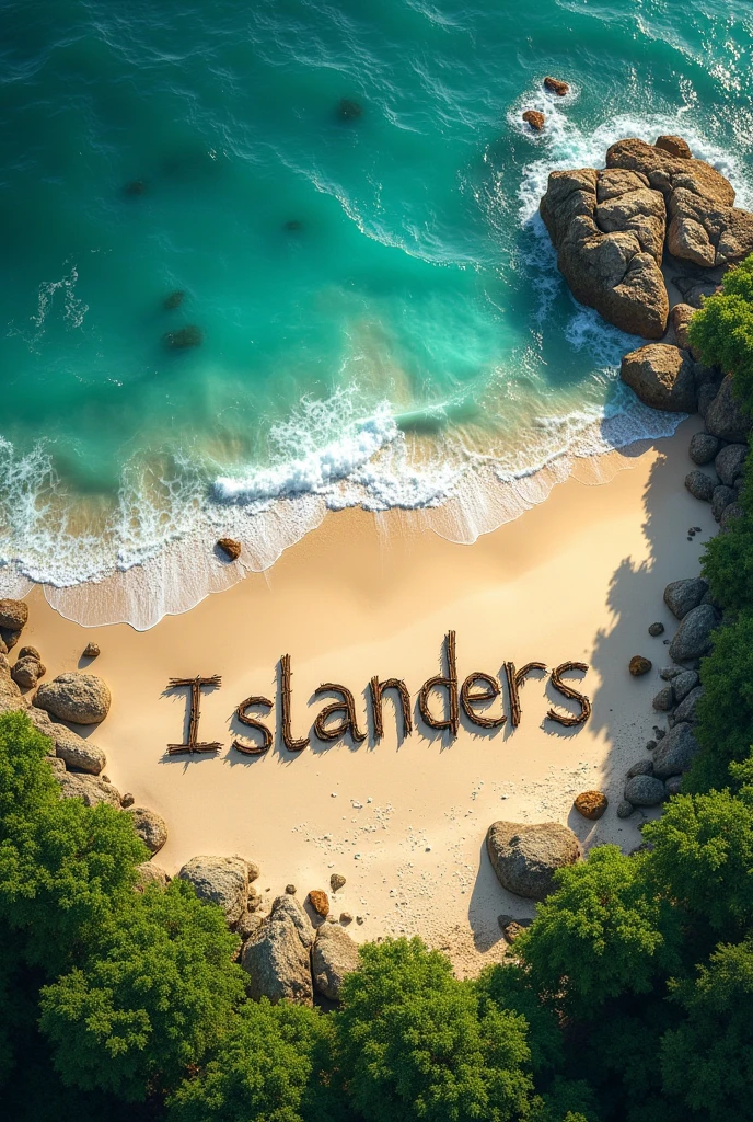 Aerial view of a beach on an island with the word "Islanders" written in Portuguese with twigs on the ground in capital letters as if it were a call for help