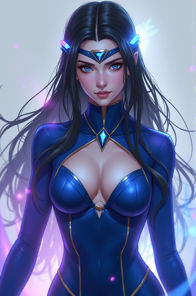 Portrait, beautiful evil sorceress with long flowing black hair, staring deep into your eyes with her mesmerizing blue eyes, wanting a kiss, hourglass figure, symmetrical figure, highly detailed face, beautiful face, lush lips, smiling, alluring, stunning digital illustration, 8k cosmic elements and ethereal atmosphere