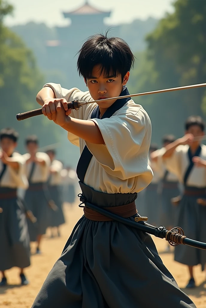 With black hair、Short hair just above the eyebrows、A strong Japanese high school boy with muscles、People wearing kyudo uniforms and practicing kyudo at the kyudo field。