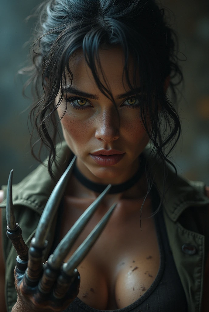 A female version of Wolverine, long claws, beautiful detailed eyes, beautiful detailed lips, extremely detailed face and features, long eyelashes, female body, tattered clothing, dramatic lighting, gritty, dark, moody, cinematic composition, highly detailed, 8k, 4k , photorealistic, high quality, digital painting, concept art, character portrait