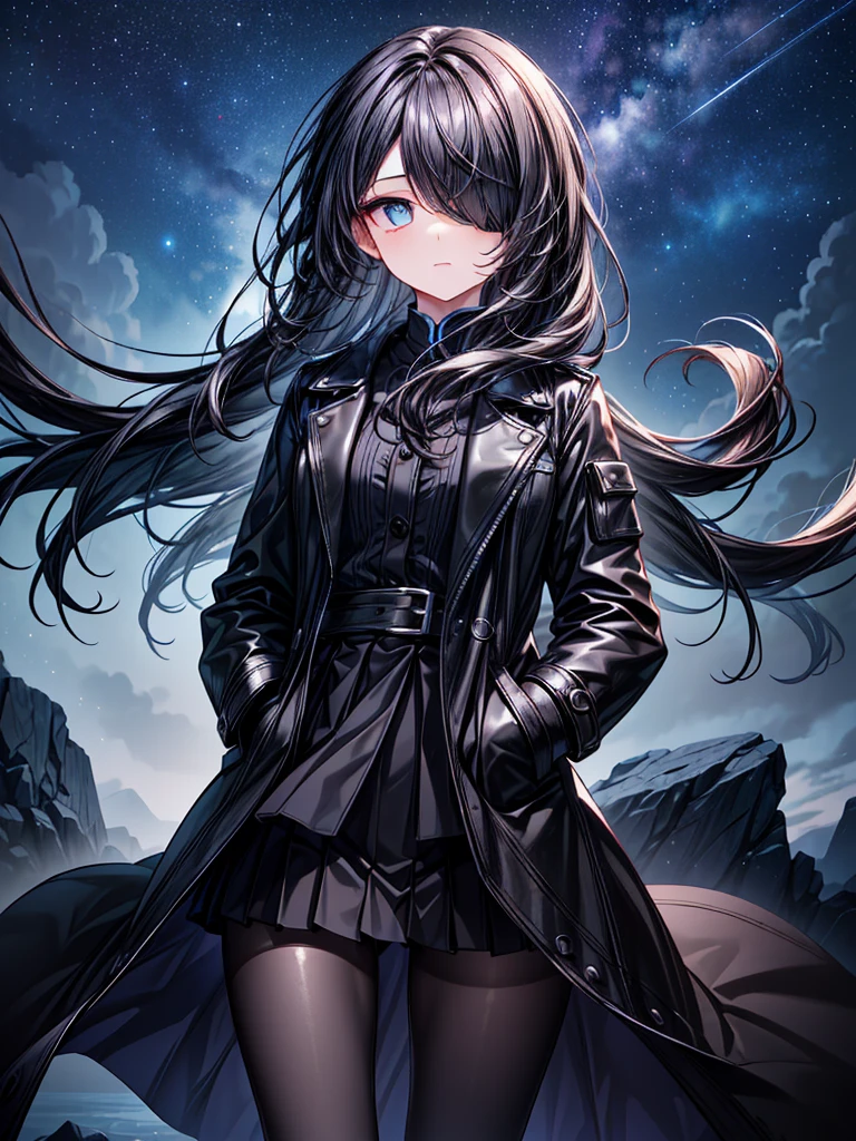 ((Oriental Project)),((masterpiece)),((Highest quality)),((Fascinating)),((alone)),((Deep blue pupils)),((Beautiful Blue Eyes)),((Wearing a black coat)),((Wear a black aura)),((Wearing a black mini skirt,She is wearing black tights under her skirt)),((Slim body)),((length, Shiny black hair)),((Hair blowing in the wind)),((Her hair is parted, and you can see her eyes through it)),((Wearing black gloves)),((hair over one eye,long hair)),((Put your hands in your pockets)),((Complex background)),((Fantastic night starry sky))