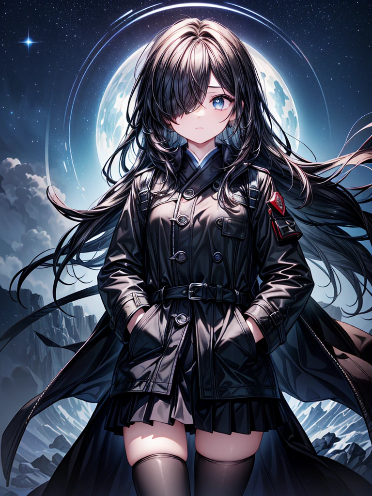 ((Oriental Project)),((masterpiece)),((Highest quality)),((Fascinating)),((alone)),((Deep blue pupils)),((Beautiful Blue Eyes)),((Wearing a black coat)),((Wear a black aura)),((Wearing a black mini skirt,She is wearing black tights under her skirt)),((Slim body)),((length, Shiny black hair)),((Hair blowing in the wind)),((Her hair is parted, and you can see her eyes through it)),((Wearing black gloves)),((hair over one eye,long hair)),((Put your hands in your pockets)),((Complex background)),((Fantastic night starry sky))
