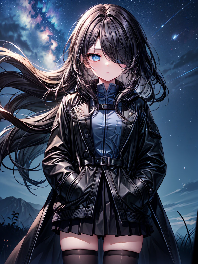 ((Oriental Project)),((masterpiece)),((Highest quality)),((Fascinating)),((alone)),((Deep blue pupils)),((Beautiful Blue Eyes)),((Wearing a black coat)),((Wear a black aura)),((Wearing a black mini skirt,She is wearing black tights under her skirt)),((Slim body)),((length, Shiny black hair)),((Hair blowing in the wind)),((Her hair is parted, and you can see her eyes through it)),((Wearing black gloves)),((hair over one eye,long hair)),((Put your hands in your pockets)),((Complex background)),((Fantastic night starry sky))
