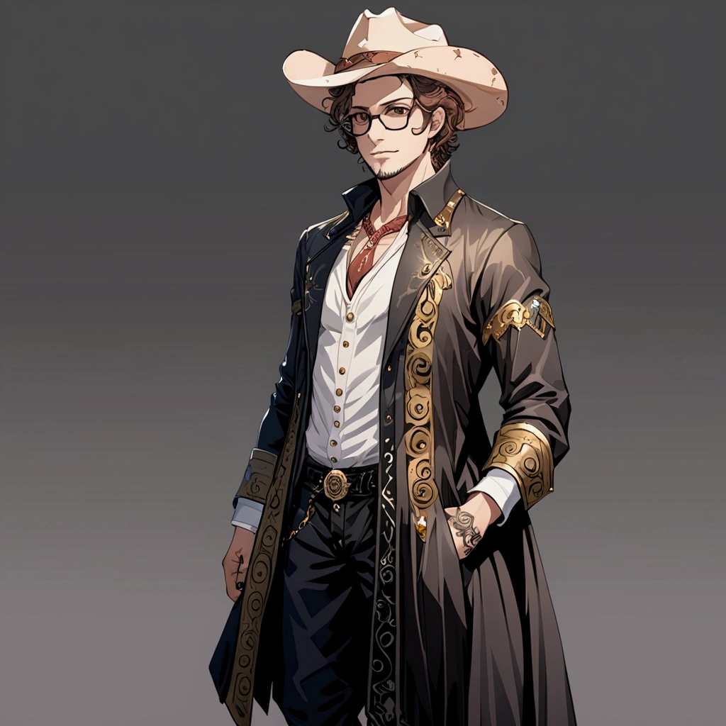 masterpiece, best quality, good quality, Highly detailed, shadowverse style, male, adult, curly hair, brown hair, black eyeglasses, cowboyhat, modern aesthetic. full body art, painted toe nail, middle age, facial hair, full body from head to toe