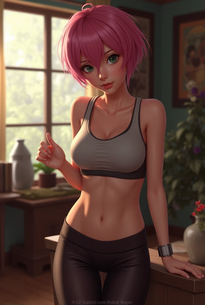 (photorealism:1.2), neera from baldur's gate 2, 25 years old, short pink hair, wearing short tanktop, leggings, sporty, indoors, soft lighting, cozy room, relaxed pose, realistic, intricate details