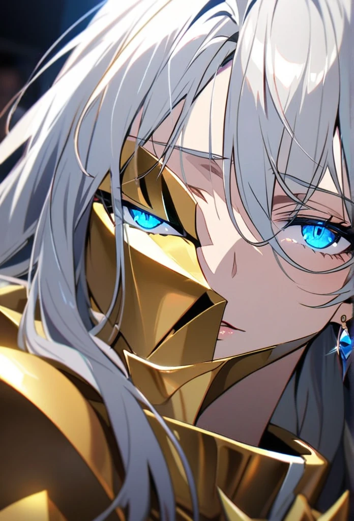 woman, blue eyes, long hair, white hair, mature, god eyes, diamond earrings, glowing eyes, blue eyes, golden armor, half eyes, macro picture