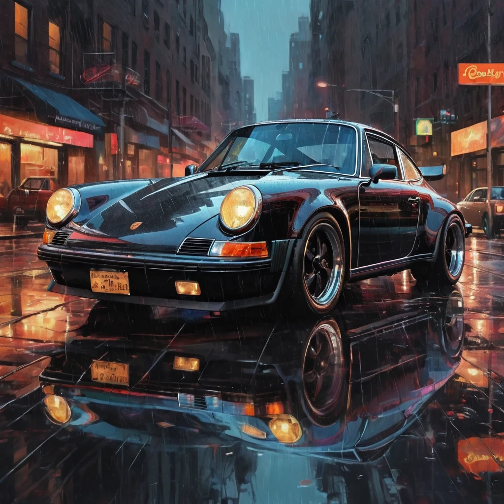 A black chrome porche 911 dark race but classic car in the style of sam spratt, historical vintage car, old masters, genndy tartakovsky, soggy, masaccio, a 1990s poster style with rainy details, colorful with vibrant colors, (low-light, breathtaking panoramic:1.3), night newyork city background, rainny, light reflection at the floor, acrilic art paint