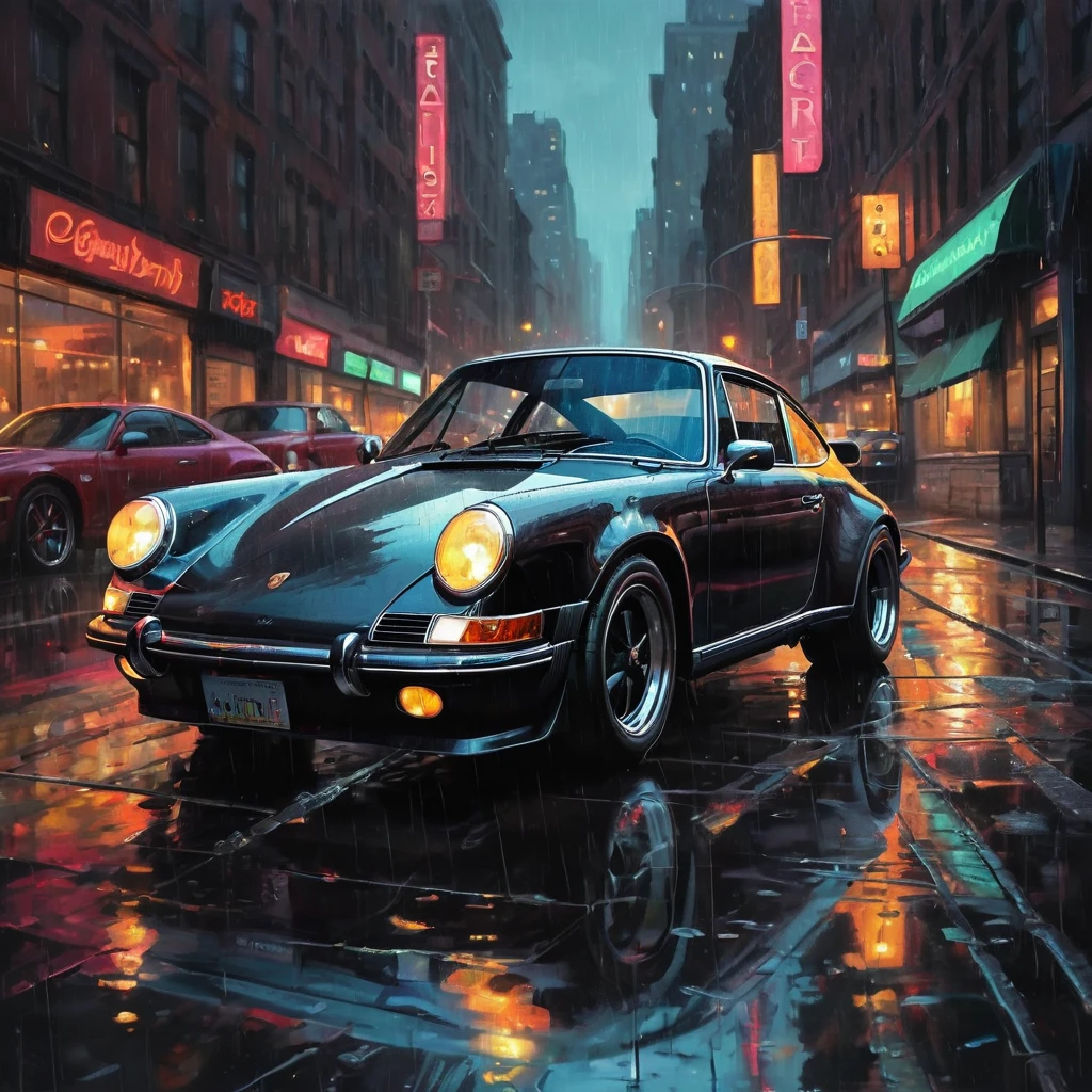 A black chrome porche 911 dark race but classic car in the style of sam spratt, historical vintage car, old masters, genndy tartakovsky, soggy, masaccio, a 1990s poster style with rainy  details, colorful with vibrant colors, (low-light, breathtaking panoramic:1.3), night newyork city background, rainny, light reflection at the floor, acrilic art paint