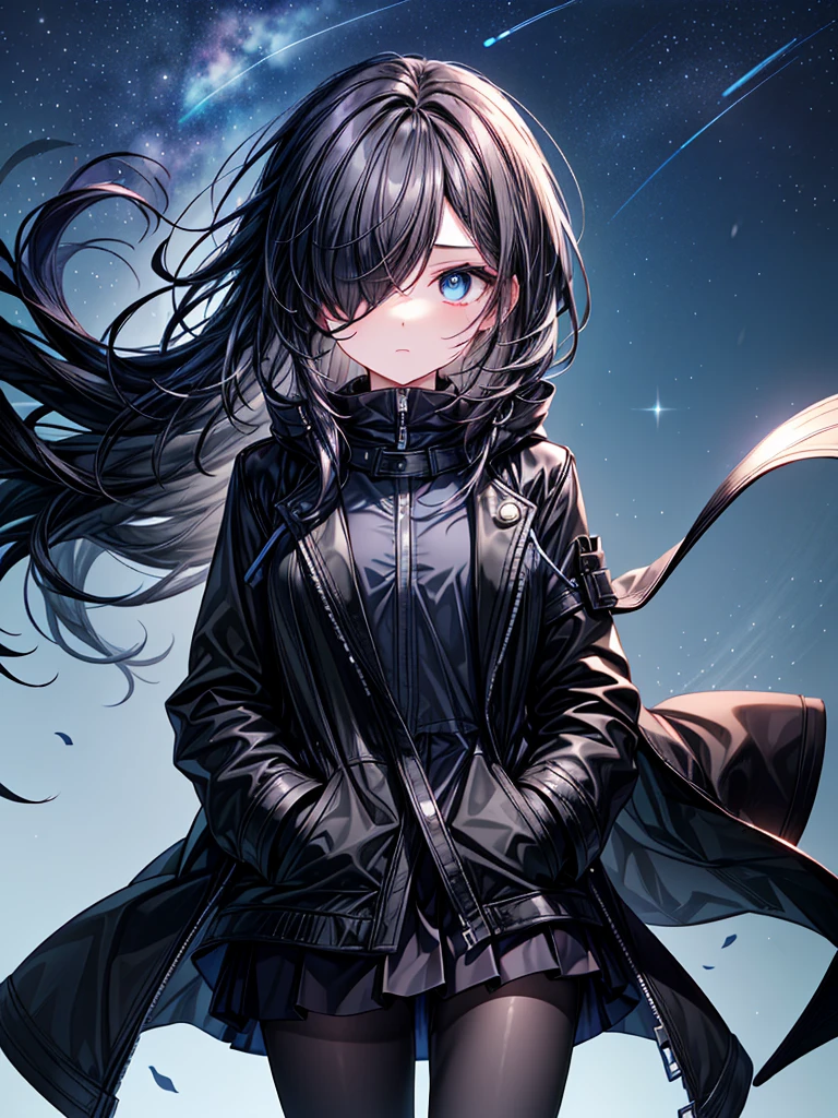 ((Oriental Project)),((masterpiece)),((Highest quality)),((Fascinating)),((alone)),((Deep blue pupils)),((Beautiful Blue Eyes)),((Wearing a black coat)),((Wear a black aura)),((Wearing a black mini skirt,She is wearing black tights under her skirt)),((Slim body)),((length, Shiny black hair)),((Hair blowing in the wind)),((Her hair is parted, and you can see her eyes through it)),((Wearing black gloves)),((hair over one eye,long hair)),((Put your hands in your pockets)),((Complex background)),((Fantastic night starry sky))
