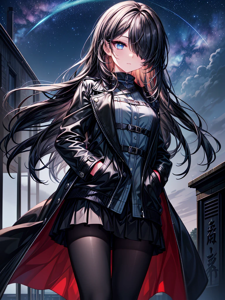 ((Oriental Project)),((masterpiece)),((Highest quality)),((Fascinating)),((alone)),((Deep blue pupils)),((Beautiful Blue Eyes)),((Wearing a black coat)),((Wear a black aura)),((Wearing a black mini skirt,She is wearing black tights under her skirt)),((Slim body)),((length, Shiny black hair)),((Hair blowing in the wind)),((Her hair is parted, and you can see her eyes through it)),((Wearing black gloves)),((hair over one eye,long hair)),((Put your hands in your pockets)),((Complex background)),((Fantastic night starry sky))