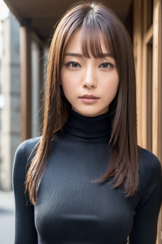 ((top-quality, in 8K, masterpiece:1.3)), Beautiful Japanese woman, perfect body:1.4, Slim abs:1.2, ((Medium Hair, straight haired:1.2)), (turtle neck:1.1), (a street:1.2), wetbody:1.5, Three-dimensional texture, A detailed eye, Brown hair, very thin waist, posterior view