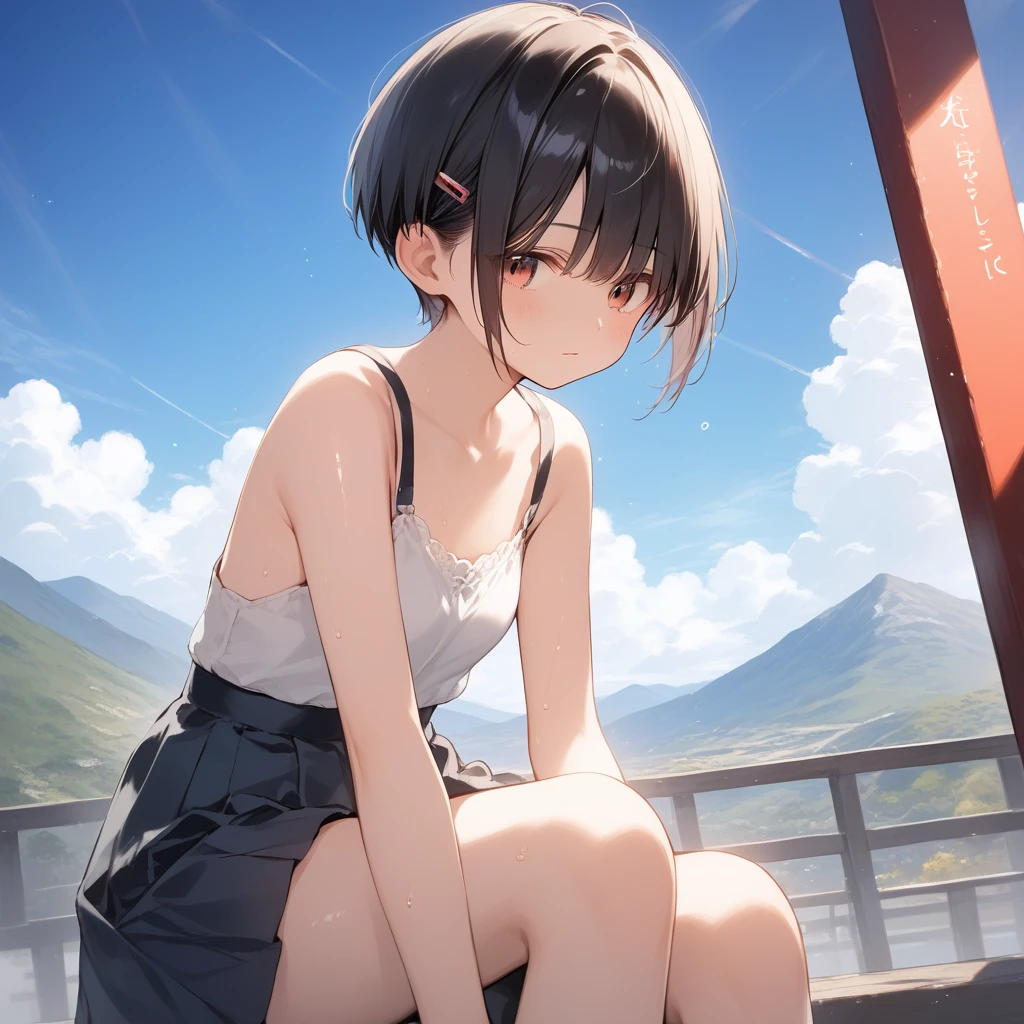 score_9, score_8_up, score_7_up, source_anime, best quality, masterpiece, official art, absurdres, highres, ultra-detailed,waifu2x,Collection: Pixiv 1000,break,1girl, school girl, very short hair, pixie cut, small breasts, slender, thighs, beautiful detailed eyes,  expressionless, sweat, sleepily, (disgust:0.3), mountain, outdoors, break,(clear line illustration:1.2), super detailed skin, shiny skin, very high resolution, very aesthetic, Best sexual lighting powered by famous artist, 4k, 8k, 16k, cute picture, beauty illustration,photoshop_(medium),,(Detailed Lighting),best anime 8k konachan wallpaper, pixiv contest winner, 