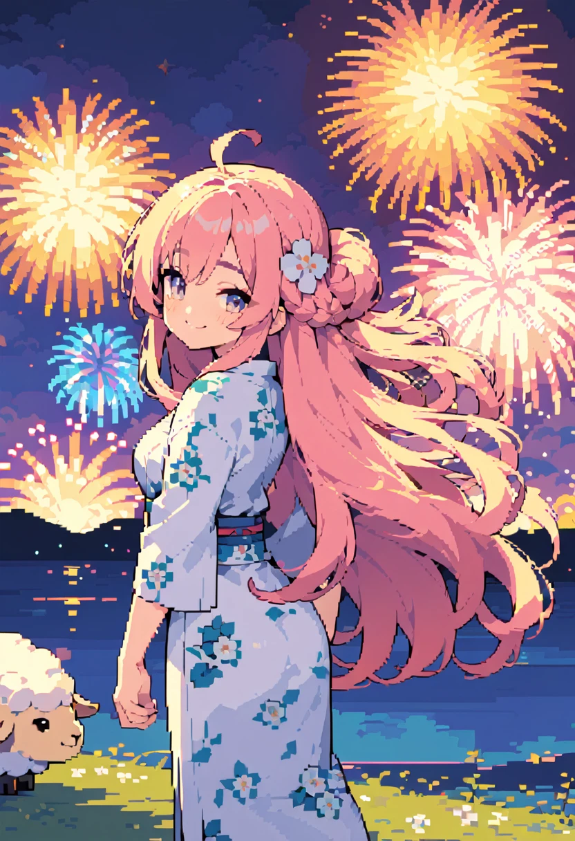 masterpiece, Highest quality, 8k, Pixel art, Pixel art, Vivid, Sheep, woman, 若いwoman, cute, Turning his back, Smiling, Beautiful Shadows, Fluffy hair, Long Hair, Hair like sheep's hair, Pink Hair, eyebrow, 太いeyebrow, Sheep pattern yukata, Fireworks display, Fireworks are going off, Large-flowered fireworks, (night), From the top of the hill