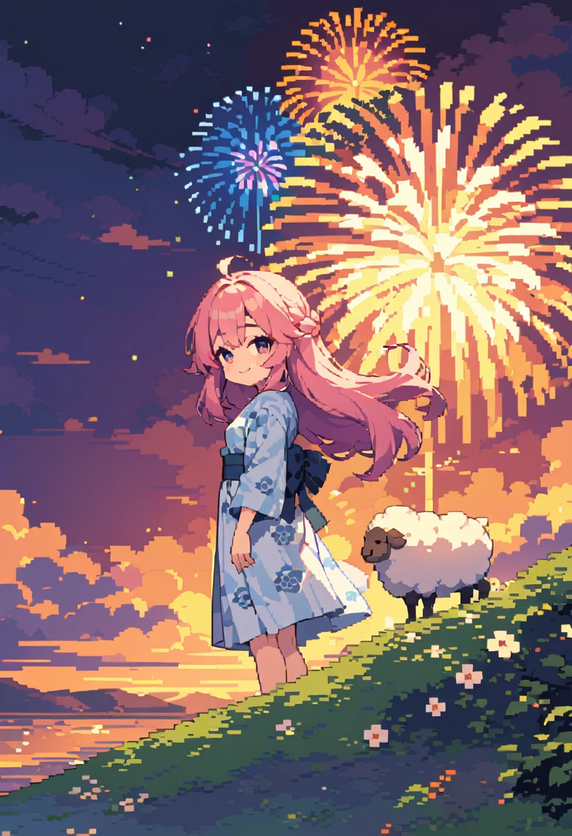 masterpiece, Highest quality, 8k, Pixel art, Pixel art, Vivid, Sheep, woman, 若いwoman, cute, Turning his back, Smiling, Beautiful Shadows, Fluffy hair, Long Hair, Hair like sheep's hair, Pink Hair, eyebrow, 太いeyebrow, Sheep pattern yukata, Fireworks display, Fireworks are going off, Large-flowered fireworks, (night), From the top of the hill
