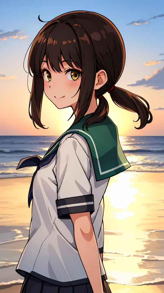 (masterpiece, best quality:1.2),illustration,8k,HD,Seaside,Sunset sky,1girl,solo,brown eye,upper body,(portrait:1.2),black_hair,short_ponytail,white seraph,sidelocks,low_ponytail,green_eyes,smile,black_eyes,school_uniform,pleated_skirt,skirt,