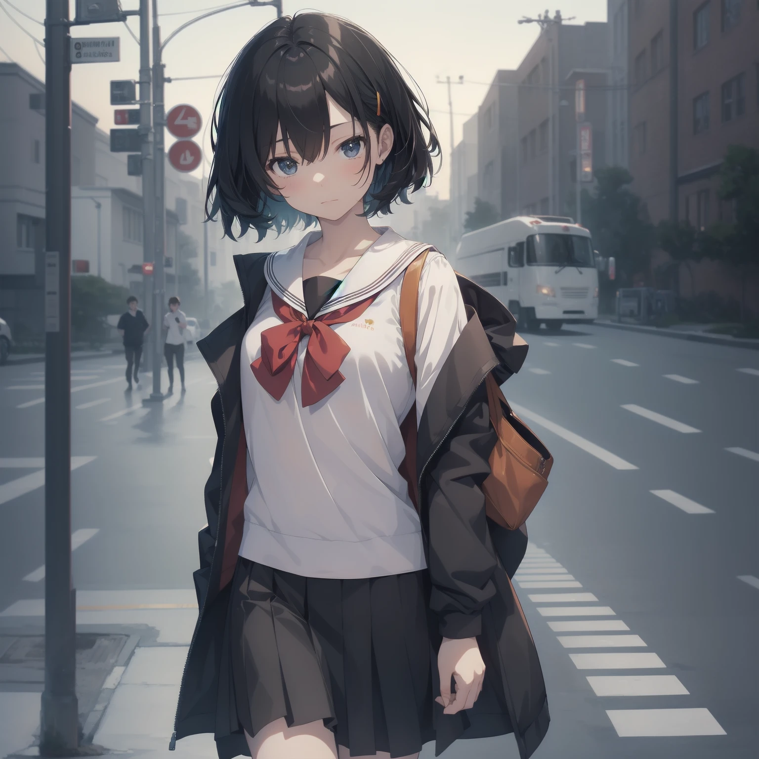 ultra-absurdres-Top quality by artist God, ultra-detailed, high resolution, anime moe artstyle, best anime 8k konachan wallpaper, pixiv contest winner, pool:2810, perfect anatomy,break, 1girl, (Please draw a girl walking sleepily to school alone. )break,(Solo,little female, 13-year-old:1.3),Full limbs, complete fingers,a junior high school student, (very short hair), short cut, flat chest, , small butt, small black eyes, beautiful detailed eyes, well-proportioned iris and pupils, expressive eyes, highres detailed hair, soft expression, salor school_uniform, sailor collar, serahuku, bow, pleated skirt,(Detailed Lighting), (Detailed background), in the School commute route. break,super detailed skin, Best cinematic lighting powered by famous artist, 8k,beauty illustration,photoshop_(medium),very aesthetic,break,((artist:ishikei )), artist:clamp ,artist:carnelian ,artist:kantoku ,
